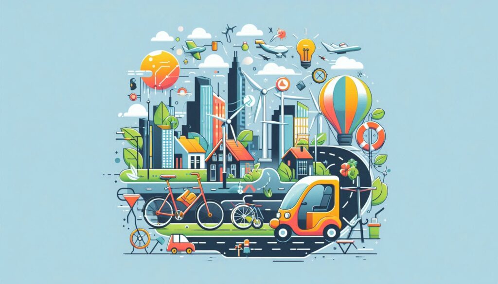 Design an eye-catching image that highlights the benefits of sustainable transportation methods. The image should encourage viewers to consider eco-friendly alternatives for their daily commutes and travel.