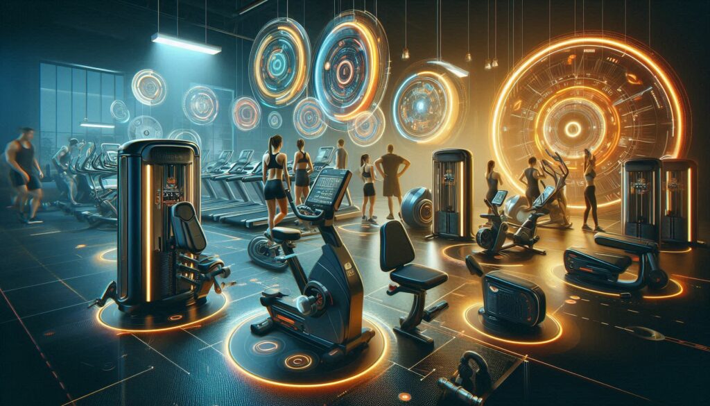  Design a visually compelling image that highlights the cutting-edge fitness equipment available at Crunch Fitness. The image should showcase the range and modernity of the equipment, emphasizing its role in enhancing every workout experience