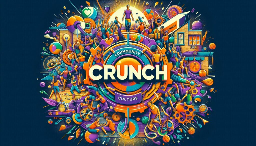 Title: "Community and Culture at Crunch"

Description: Design an inviting and vibrant image that showcases the strong sense of community and positive culture at Crunch Fitness. The image should reflect the supportive, energetic, and inclusive environment that defines Crunch.

Visual Elements:

Central Theme: Focus on the social and cultural aspects of Crunch Fitness. This could include group workouts, community events, team challenges, or friendly interactions among members and staff.
Color Palette: Use warm, energetic colors like vibrant oranges, lively blues, and fresh greens to convey a sense of enthusiasm, camaraderie, and inclusivity.
Imagery: Feature visuals of diverse groups of people participating in group fitness classes, engaging in community events, or enjoying social interactions in the gym. Highlight elements such as team activities, high-fives, and supportive trainer-member interactions to emphasize the community spirit.
Text Overlay: Display the title "Community and Culture at Crunch" in a bold, modern font. Consider adding a tagline like "Join a Vibrant Community Where Fitness Meets Fun" to emphasize the welcoming and supportive atmosphere. Ensure the text is easily readable and stands out against the background.
Style:

Design: Opt for a warm, engaging design that reflects the friendly and inclusive culture of Crunch Fitness. The image should be high-resolution and visually compelling, creating an inviting impression of the community and culture.
Composition: Ensure the image is optimized for various screen sizes and devices. Arrange key visual elements thoughtfully to maintain a balanced and attractive layout, ensuring the focus remains on the community and cultural aspects without interference from other content.