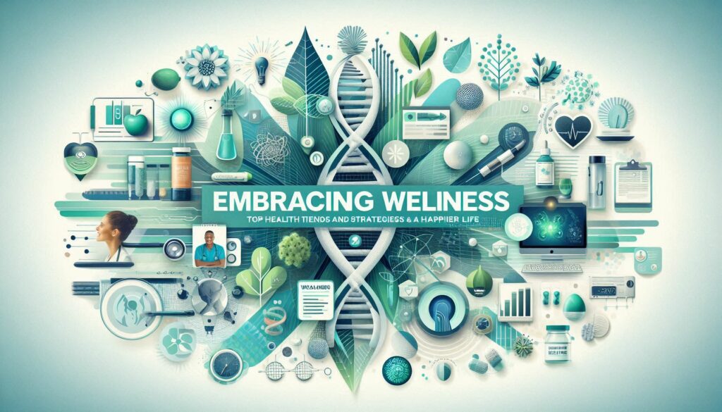 Visual Elements:

Title Overlay:

Text: “Embracing Wellness: Top Health Trends and Strategies for a Happier Life”
Font: Clean, modern, and easy-to-read font.
Color: Use calming, fresh colors like light green, teal, or blue to convey a sense of health and tranquility.
Central Visual:

Collage of Health Elements: A dynamic collage showcasing various aspects of wellness. This can include:
Personalized Medicine: Icons or images of DNA strands, genetic testing kits.
Telemedicine: Screens showing virtual consultations or a person using a computer for a video call.
Mental Health: Icons or images of mindfulness practices, meditation, or therapy.
Nutrition: Colorful fruits, vegetables, and whole foods.
Wearable Technology: Fitness trackers, smartwatches.
Sustainable Practices: Eco-friendly products or green spaces.
Iconic Illustrations:

Small icons or illustrations around the central visual representing each key trend:
Genomics: DNA helix or genome icon.
Remote Health: Smartphone or wearable device icon.
Mental Wellness: Meditation or calm face icon.
Healthy Eating: Plate of fruits and vegetables.
Technology: AI or cloud computing icon.
Preventive Health: Stethoscope or checkmark icon.
Sustainability: Green leaf or recycling symbol.