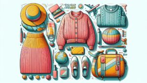 A bright, colorful ensemble showcasing matching sets or knitwear paired with trendy accessories like ballet flats or a baseball cap, highlighting the 2025 travel fashion trends.