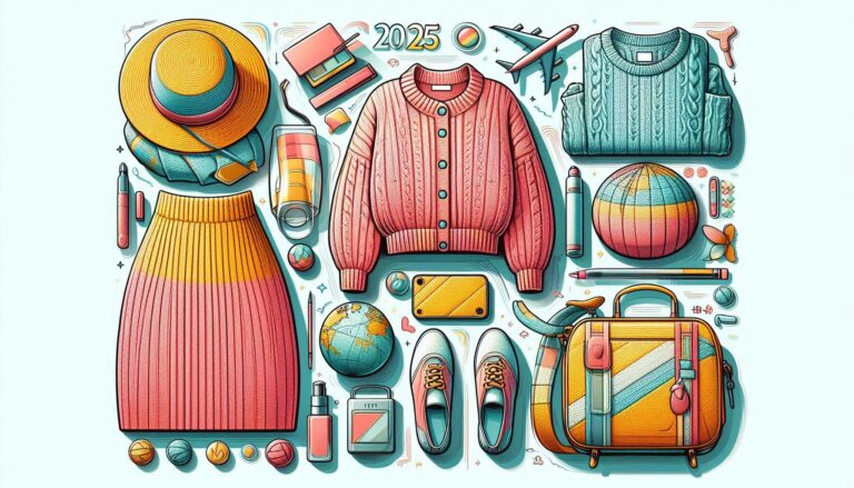 A bright, colorful ensemble showcasing matching sets or knitwear paired with trendy accessories like ballet flats or a baseball cap, highlighting the 2025 travel fashion trends.