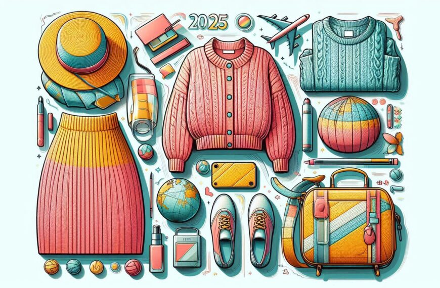 A bright, colorful ensemble showcasing matching sets or knitwear paired with trendy accessories like ballet flats or a baseball cap, highlighting the 2025 travel fashion trends.