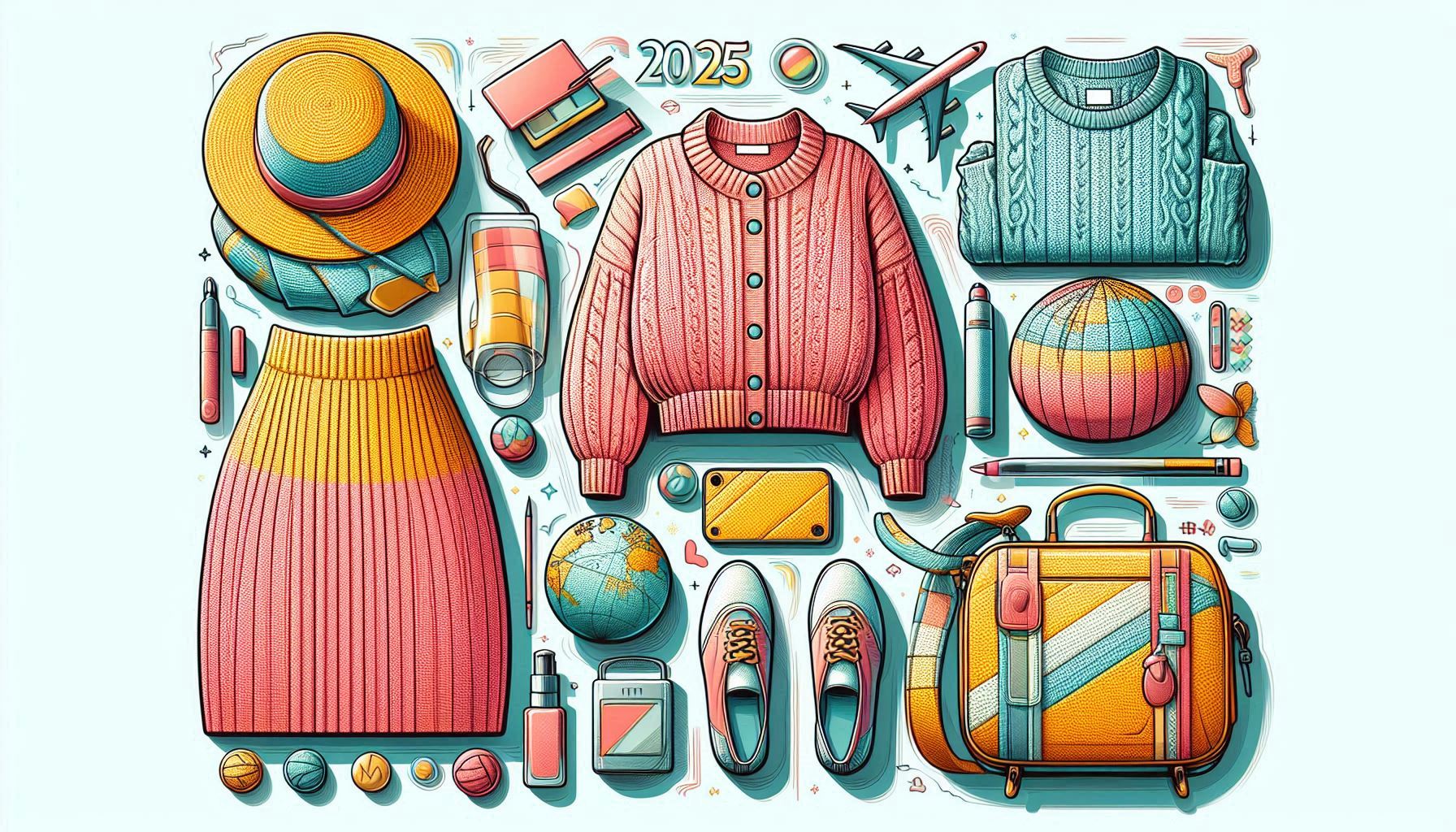 A bright, colorful ensemble showcasing matching sets or knitwear paired with trendy accessories like ballet flats or a baseball cap, highlighting the 2025 travel fashion trends.
