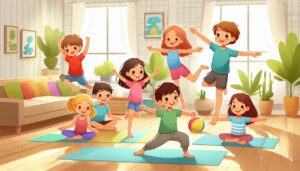 A colorful illustration or photo showing a group of happy children (boys and girls) in active poses—jumping, running, doing yoga, or playing with a ball—indoors, like a living room or a bright home setting.
