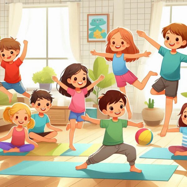 A colorful illustration or photo showing a group of happy children (boys and girls) in active poses—jumping, running, doing yoga, or playing with a ball—indoors, like a living room or a bright home setting.