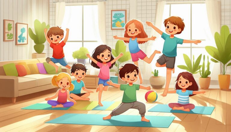 A colorful illustration or photo showing a group of happy children (boys and girls) in active poses—jumping, running, doing yoga, or playing with a ball—indoors, like a living room or a bright home setting.