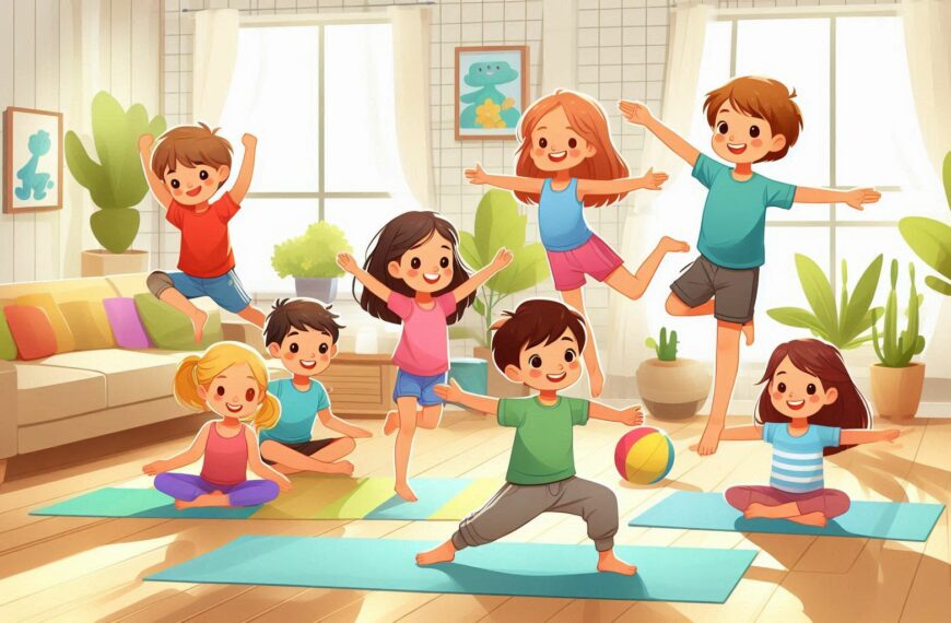 A colorful illustration or photo showing a group of happy children (boys and girls) in active poses—jumping, running, doing yoga, or playing with a ball—indoors, like a living room or a bright home setting.